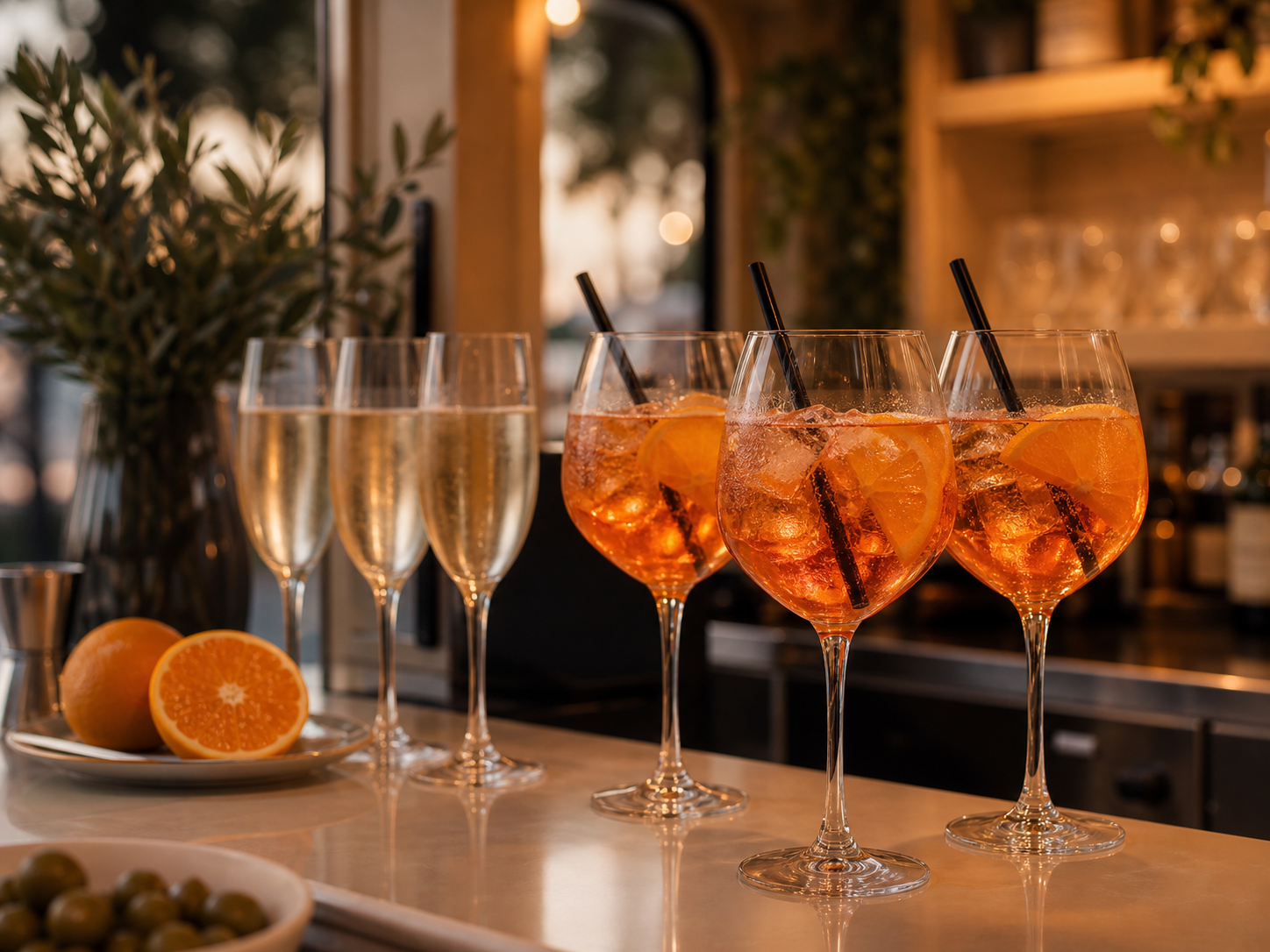 Aperitif-Gläser und sommerliche Drinks auf der Bar