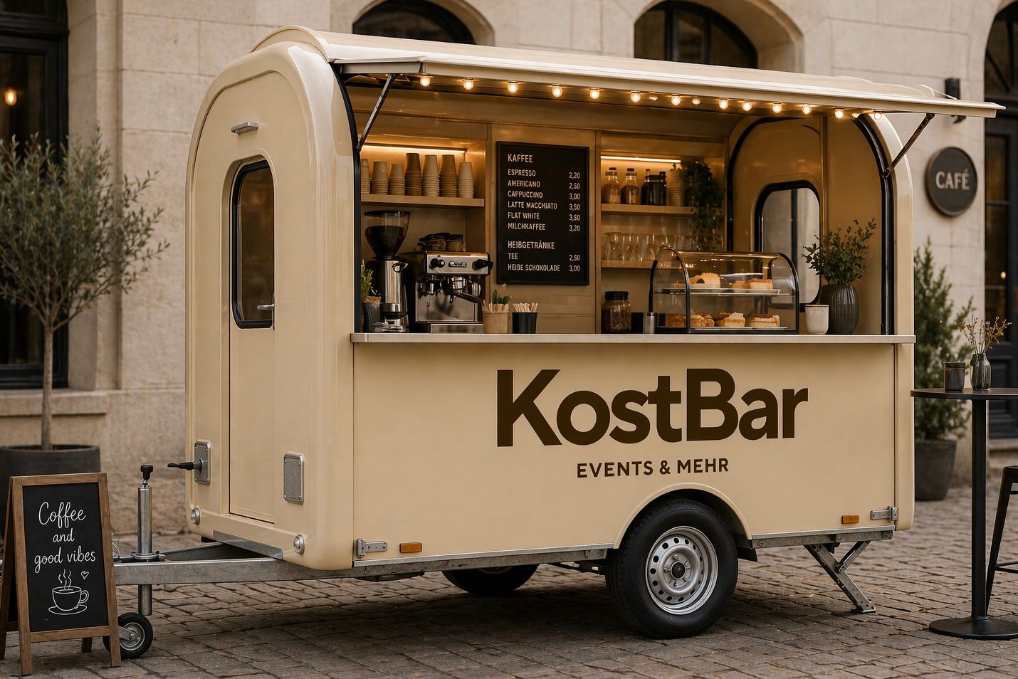 KostBar Wagen mit geoeffneter Ausschankseite