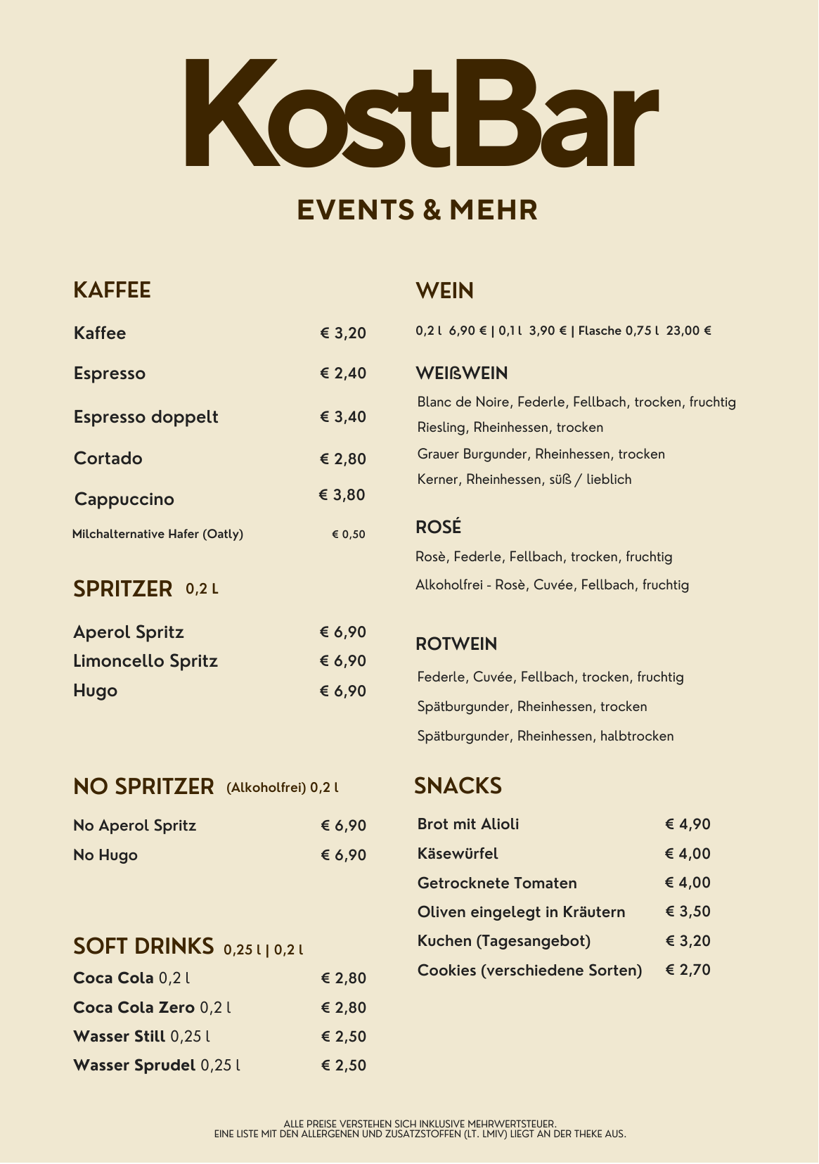 KostBar Speisekarte mit Kaffee, Spritzern, Wein, Soft Drinks und Snacks
