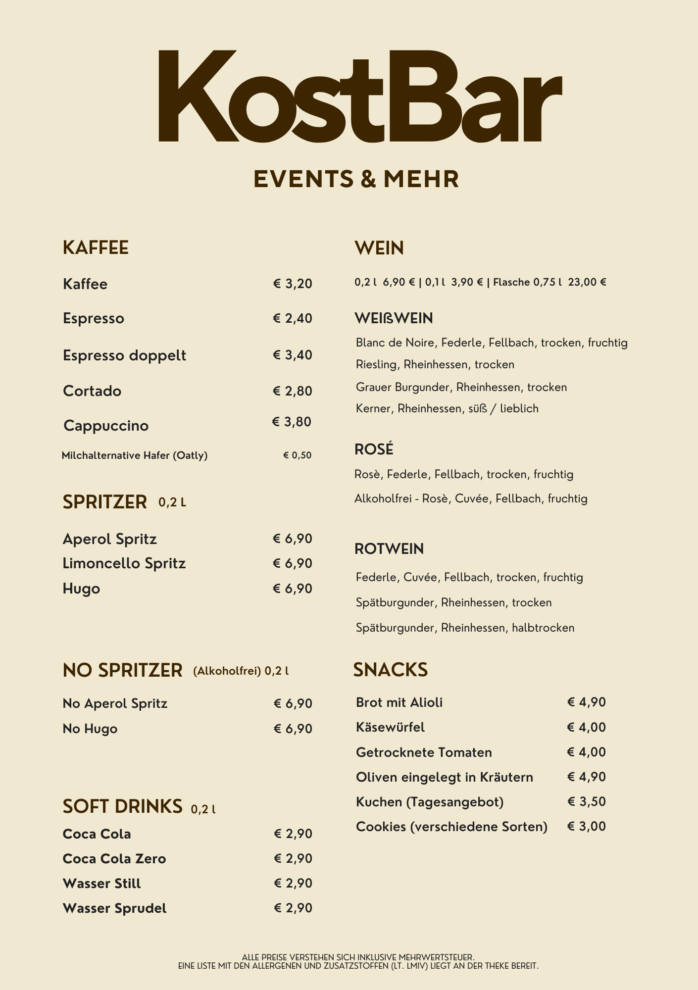 KostBar Speisekarte mit Kaffee, Spritzern, Wein, Soft Drinks und Snacks